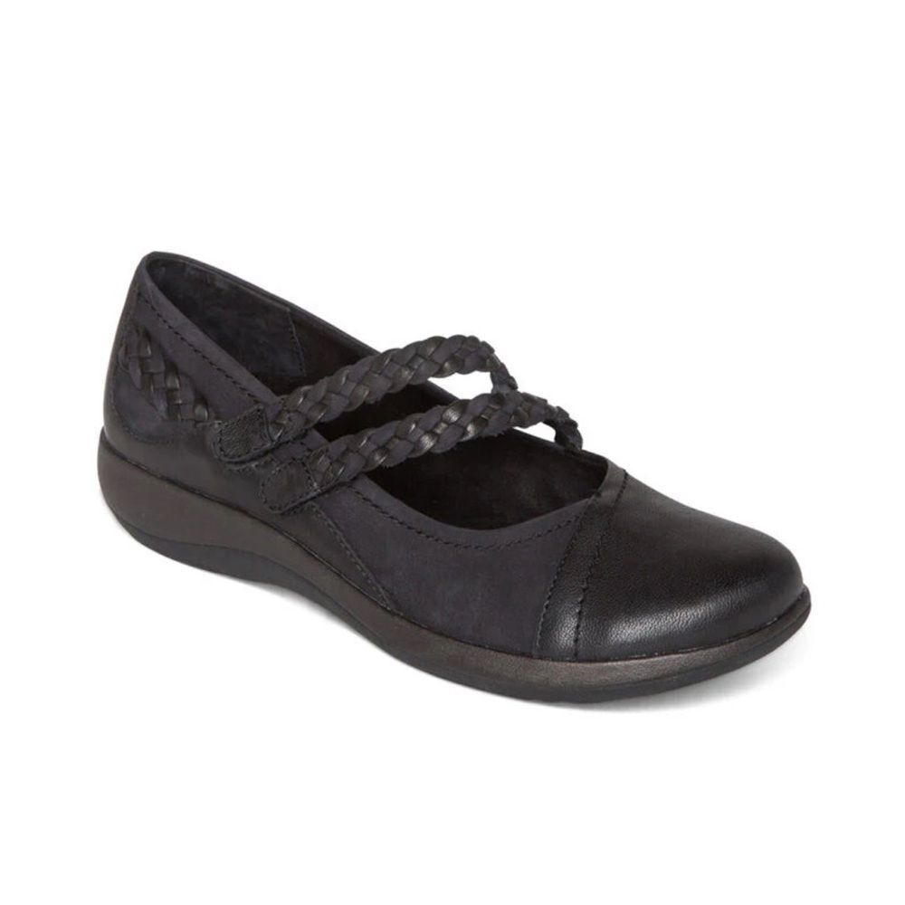 Aetrex Annie Black Braided Strap Flat Loafers for plantar fasciitis size 8.5